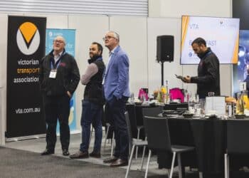 Delegates network near the VTA stand during MegaTrans 2024 in Melbourne. Images: Prime Creative Media