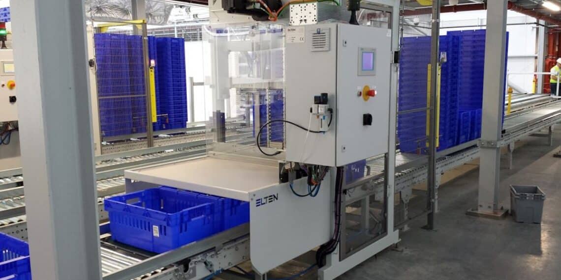 Elten’s automated tote handling systems are designed to reduce manual touchpoints in high-volume logistics operations. Image: INWASO